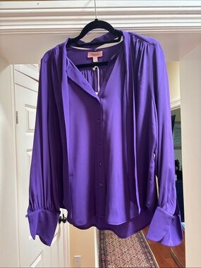 Women's Purple Button-Front Tie-Neck Blouse